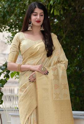 Cream Weaving Banarasi Silk Designer Traditional Saree 2