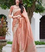 Peach Color Woven Traditional Designer Silk Saree
