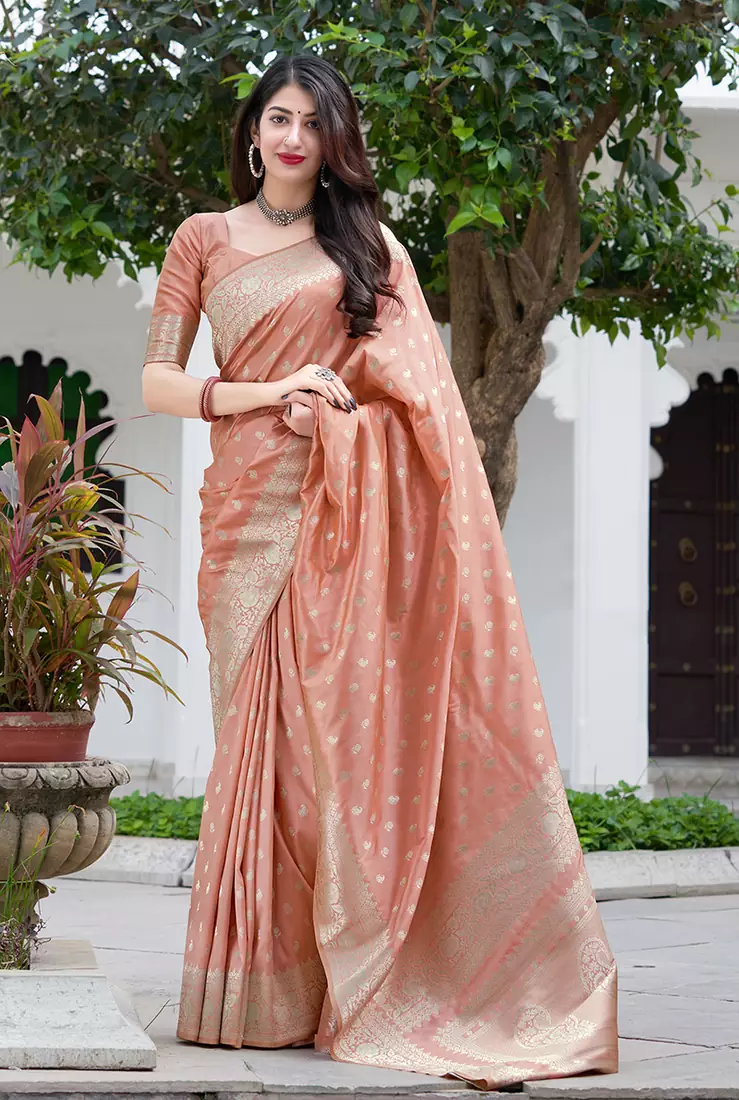 Peach Color Woven Traditional Designer Silk Saree