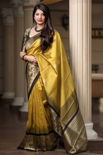 mustard woven banarasi silk designer saree with blouse