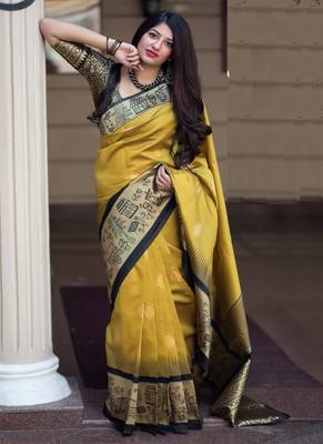 Mustard Banarasi silk blend Zari Woven Saree with Blouse 2