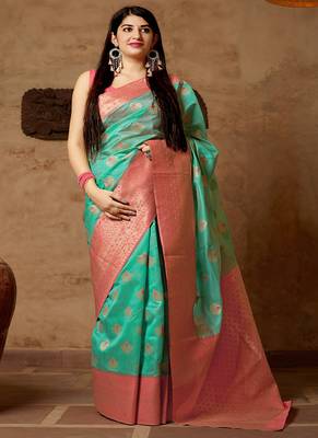 Sea green Color Woven Banarasi Silk Saree with Blouse 1