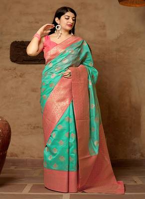 Sea green Color Woven Banarasi Silk Saree with Blouse 2