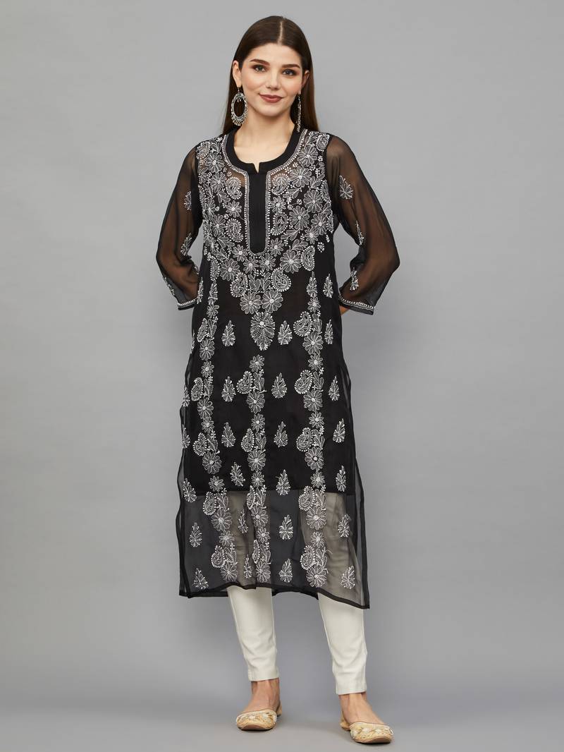 Ethnava Women's Lucknowi Chikankari Hand Embroidered Georgette Straight Kurta with Slip