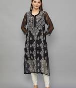 Ethnava Women's Lucknowi Chikankari Hand Embroidered Georgette Straight Kurta with Slip