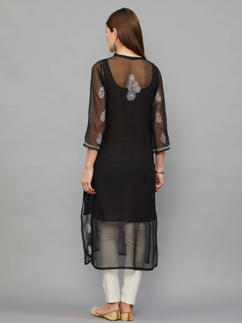 Ethnava Women's Lucknowi Chikankari Hand Embroidered Georgette Straight Kurta with Slip