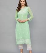 ETHNAVA WOMEN'S CHIKANKARI HAND EMBROIDERED GEORGETTE STRAIGHT KURTA WITH SLIP