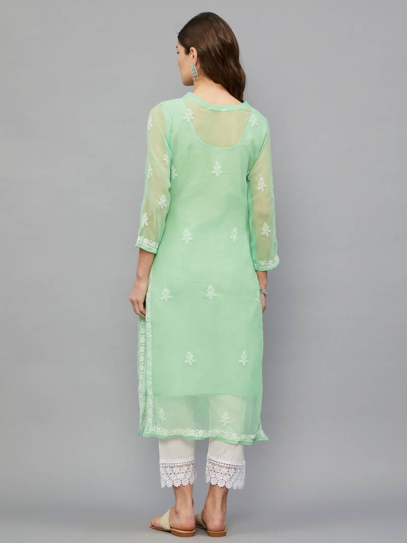 ETHNAVA WOMEN'S CHIKANKARI HAND EMBROIDERED GEORGETTE STRAIGHT KURTA WITH SLIP