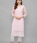 ETHNAVA WOMEN'S CHIKANKARI HAND EMBROIDERED GEORGETTE STRAIGHT KURTA WITH SLIP