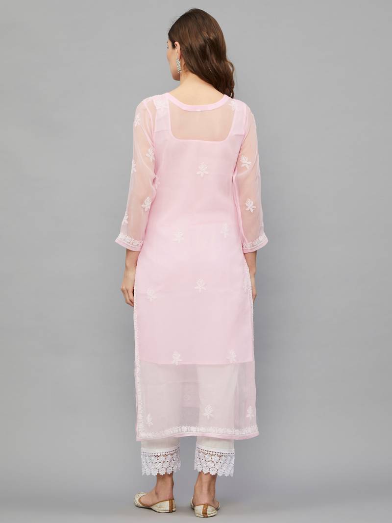 ETHNAVA WOMEN'S CHIKANKARI HAND EMBROIDERED GEORGETTE STRAIGHT KURTA WITH SLIP