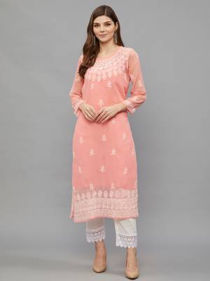 ETHNAVA WOMEN'S CHIKANKARI HAND EMBROIDERED GEORGETTE STRAIGHT KURTA WITH SLIP 1
