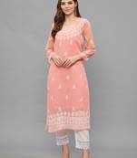ETHNAVA WOMEN'S CHIKANKARI HAND EMBROIDERED GEORGETTE STRAIGHT KURTA WITH SLIP