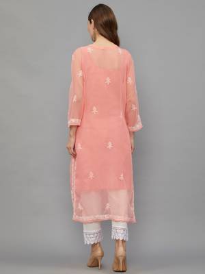 ETHNAVA WOMEN'S CHIKANKARI HAND EMBROIDERED GEORGETTE STRAIGHT KURTA WITH SLIP 2