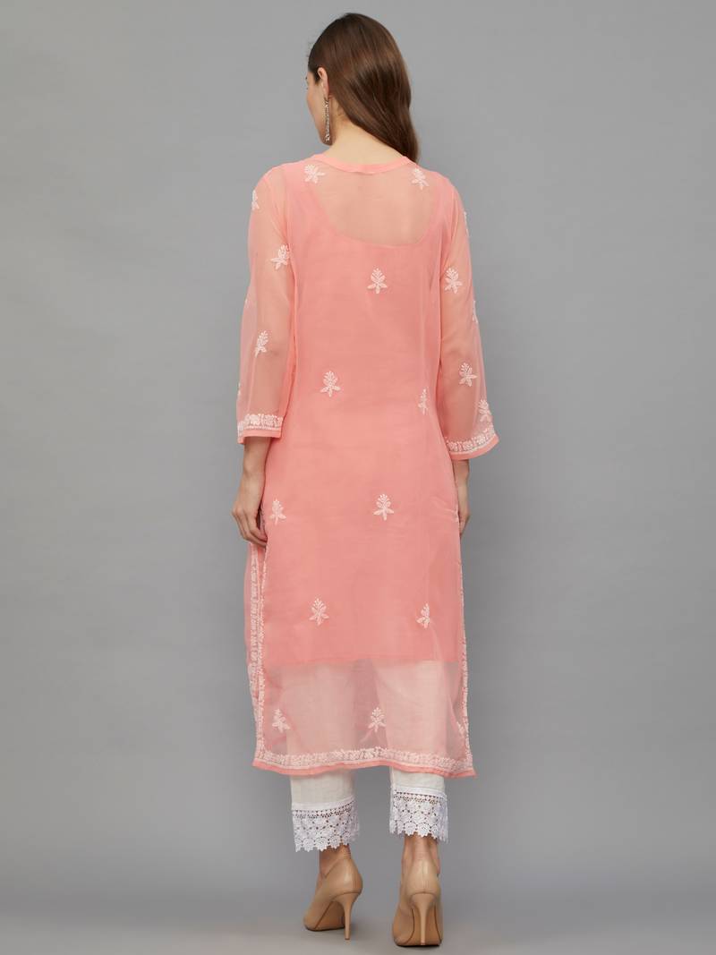 ETHNAVA WOMEN'S CHIKANKARI HAND EMBROIDERED GEORGETTE STRAIGHT KURTA WITH SLIP