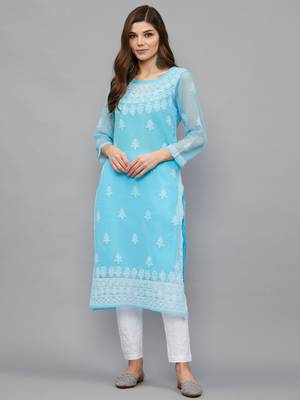ETHNAVA WOMEN'S CHIKANKARI HAND EMBROIDERED GEORGETTE STRAIGHT KURTA WITH SLIP 1