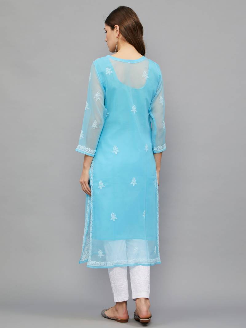 ETHNAVA WOMEN'S CHIKANKARI HAND EMBROIDERED GEORGETTE STRAIGHT KURTA WITH SLIP