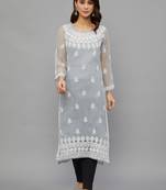 ETHNAVA WOMEN'S CHIKANKARI HAND EMBROIDERED GEORGETTE STRAIGHT KURTA WITH SLIP