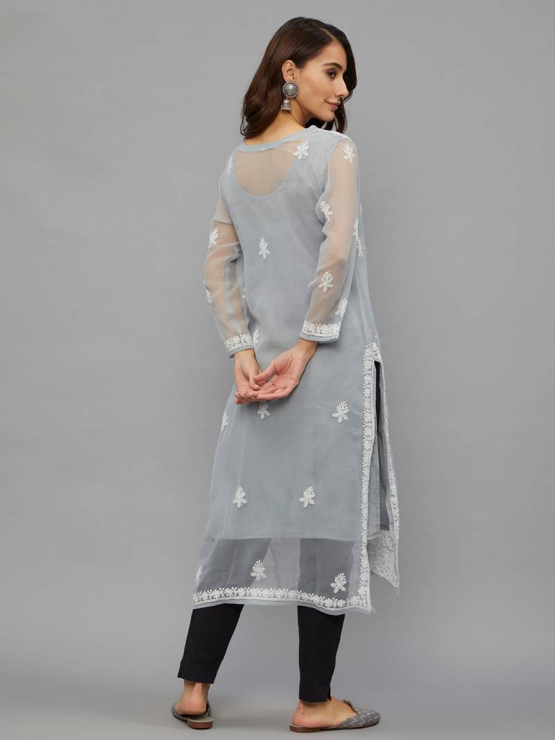 ETHNAVA WOMEN'S CHIKANKARI HAND EMBROIDERED GEORGETTE STRAIGHT KURTA WITH SLIP