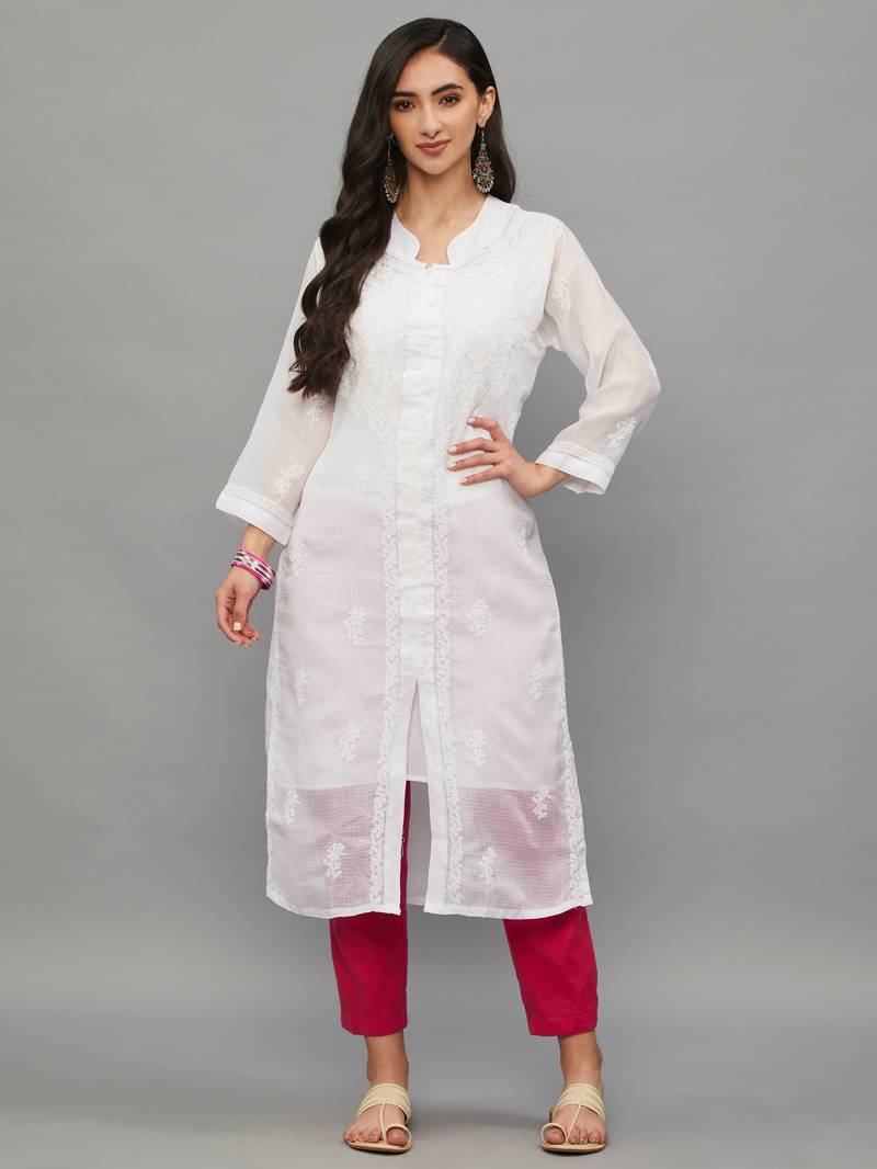 ETHNAVA WHITE KOTA COTTON LUCKNOWI CHIKANKARI WOMEN'S KURTA WITH SLIP