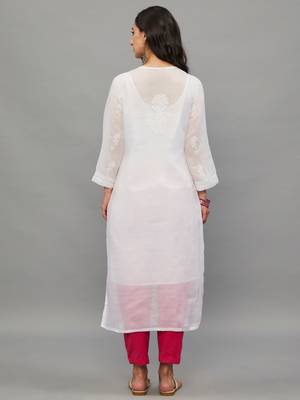 ETHNAVA WHITE KOTA COTTON LUCKNOWI CHIKANKARI WOMEN'S KURTA WITH SLIP 2