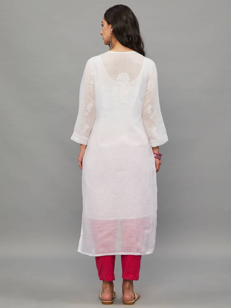 ETHNAVA WHITE KOTA COTTON LUCKNOWI CHIKANKARI WOMEN'S KURTA WITH SLIP