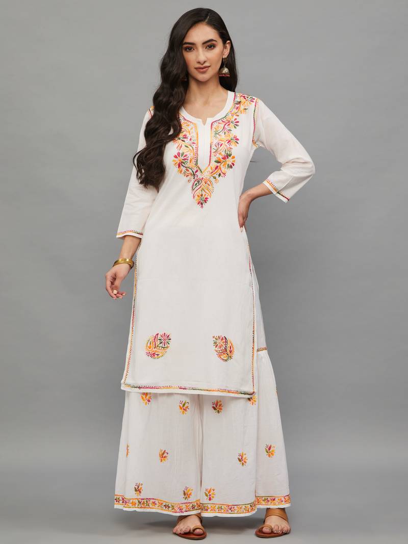 Ethnava Women's Lucknowi Chikankari Cotton Kurti with Garara Set