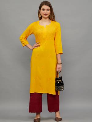 Ethnava Women's Lucknowi Chikankari Hand Embroidered Rayon Straight Kurta 1