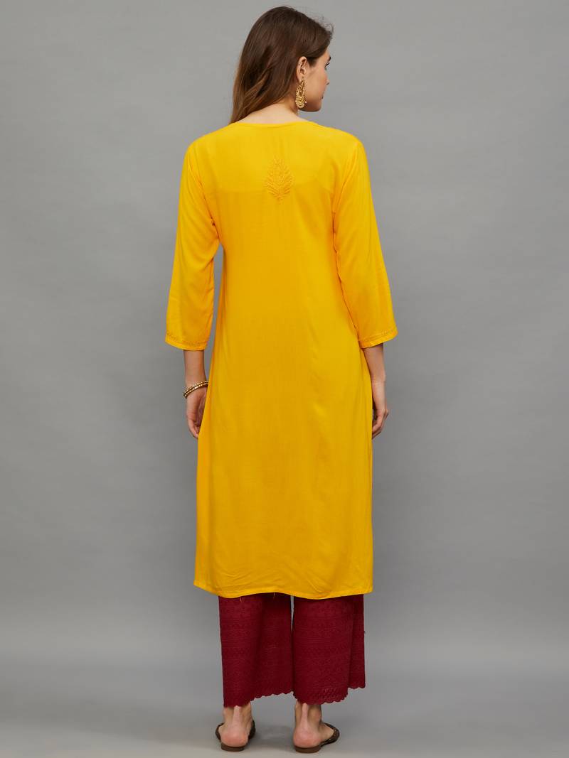 Ethnava Women's Lucknowi Chikankari Hand Embroidered Rayon Straight Kurta