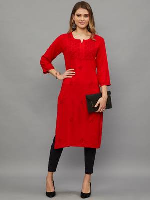 Ethnava Women's Lucknowi Chikankari Hand Embroidered Rayon Straight Kurta 1