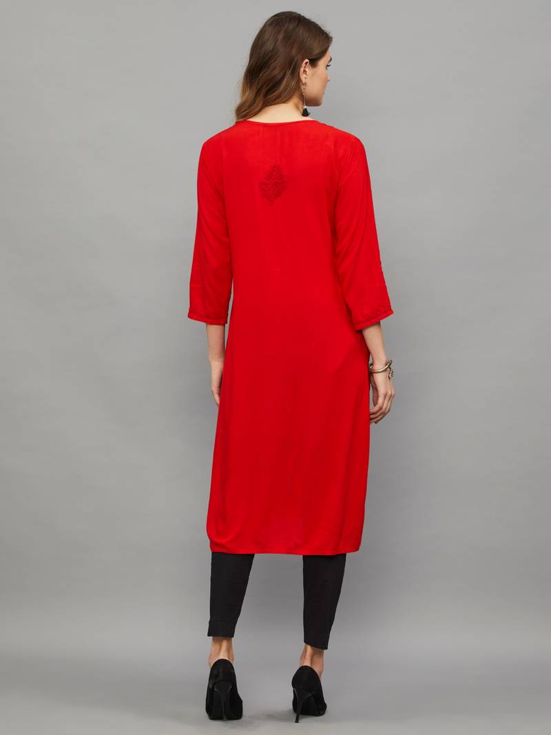 Ethnava Women's Lucknowi Chikankari Hand Embroidered Rayon Straight Kurta