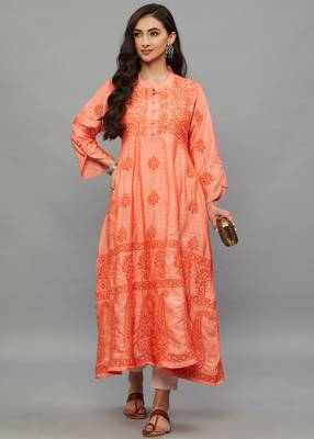 Ethnava Women's Chikankari Hand Embroidered Apple Silk Anarkali Kurta 1