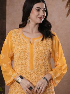 Hand Embroidered Mustard Georgette Lucknow Chikankari Women Kurta 7
