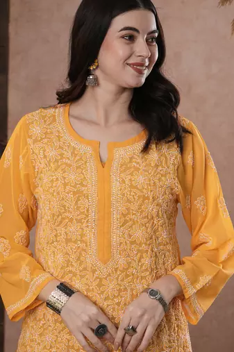 Hand Embroidered Mustard Georgette Lucknow Chikankari Women Kurta