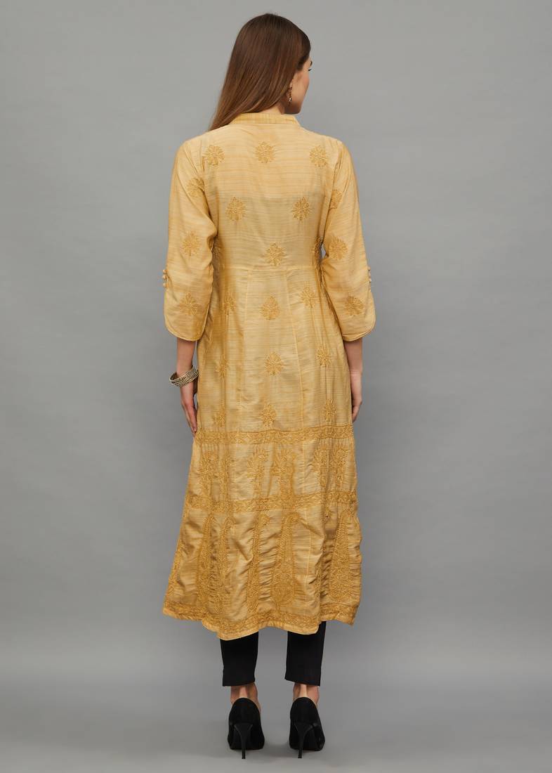 Ethnava Women's Chikankari Hand Embroidered Apple Silk Anarkali Kurta