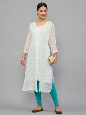 Ethnava Women's Chikankari Hand Embroidered Georgette Frontslit Kurta With Slip 1