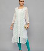 Ethnava Women's Chikankari Hand Embroidered Georgette Frontslit Kurta With Slip