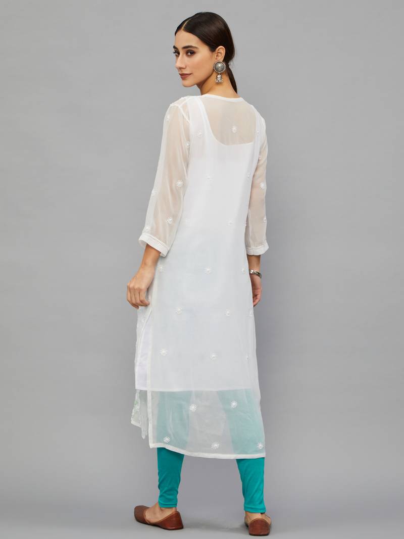 Ethnava Women's Chikankari Hand Embroidered Georgette Frontslit Kurta With Slip