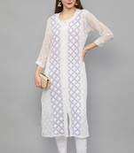 Ethnava Women's Chikankari Hand Embroidered Georgette Frontslit Kurta With Slip