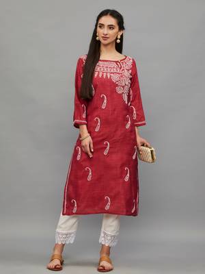 Ethnava Women's Lucknowi Chikankari Hand Embroidered Baby Silk Straight Kurta 1