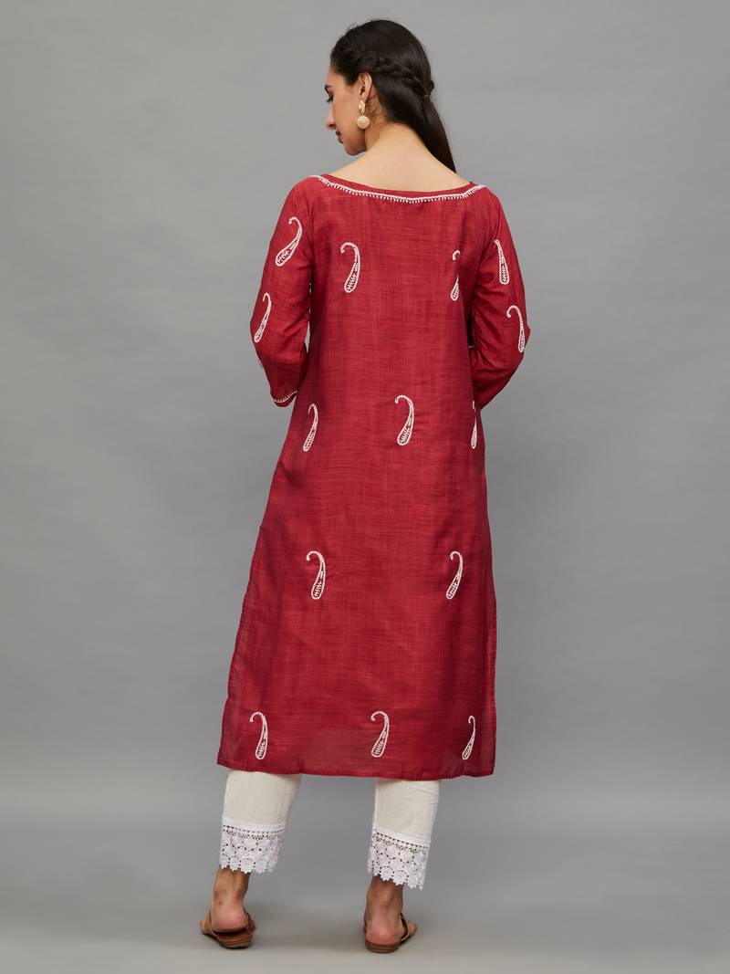 Ethnava Women's Lucknowi Chikankari Hand Embroidered Baby Silk Straight Kurta