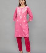 Ethnava Women's Lucknowi Chikankari Hand Embroidered Cotton Straight Kurta