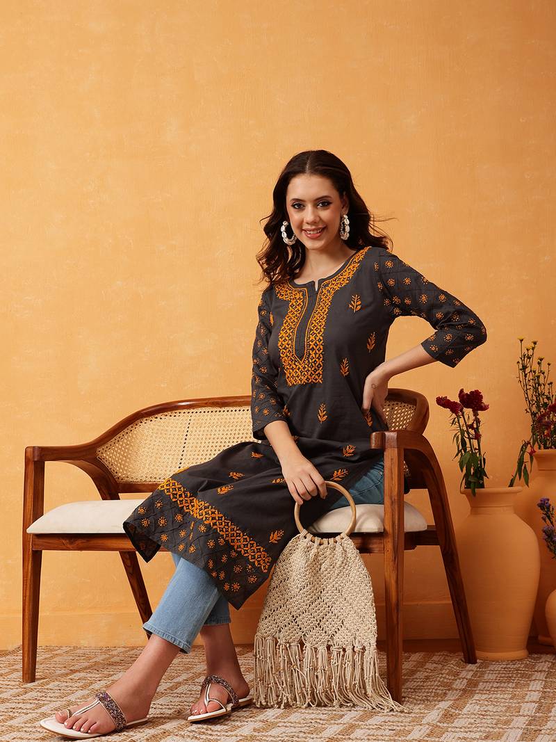 Hand Embroidered Grey Cotton Lucknow Chikan Women Kurti