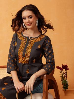 Hand Embroidered Grey Cotton Lucknow Chikan Women Kurti 5