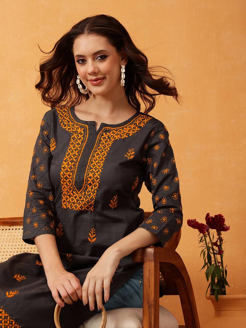 Hand Embroidered Grey Cotton Lucknow Chikan Women Kurti