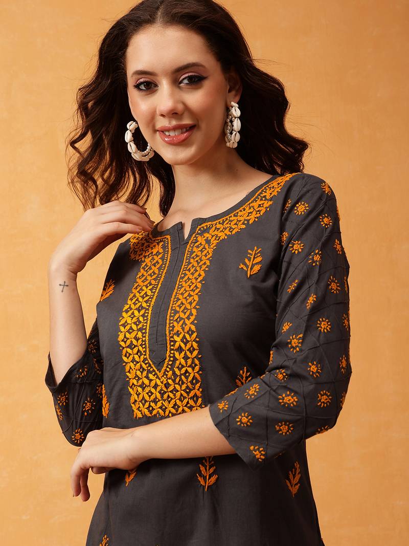 Hand Embroidered Grey Cotton Lucknow Chikan Women Kurti