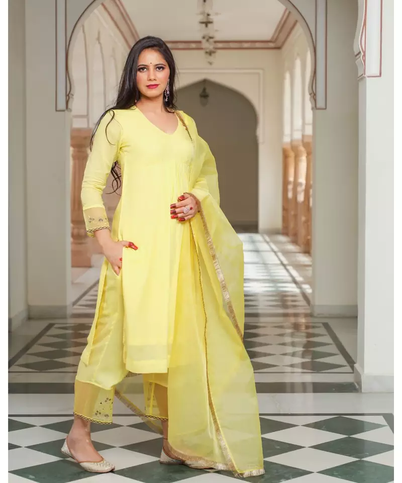 Yellow Embroidery Modal Suit Set