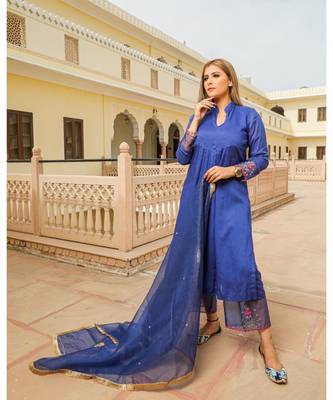 Royal Blue Embroidery Modal Suit Set 1