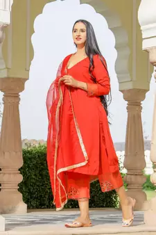 Red Embroidery Modal Suit Set