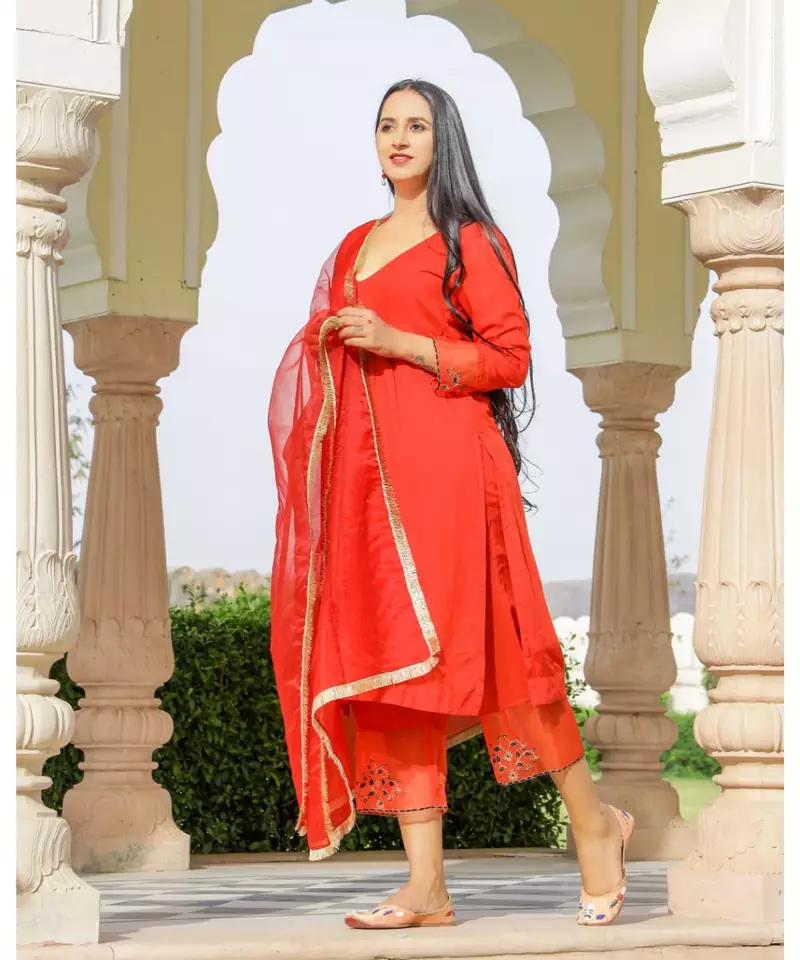 Red Embroidery Modal Suit Set