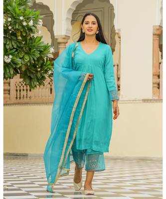 Teal Embroidery Modal Suit Set 1